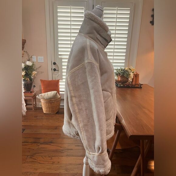 Faux Suede Shearling Aviator Biker Jacket Cream Sherpa Lined Buckle Cozy Est XL - Picture 5 of 10